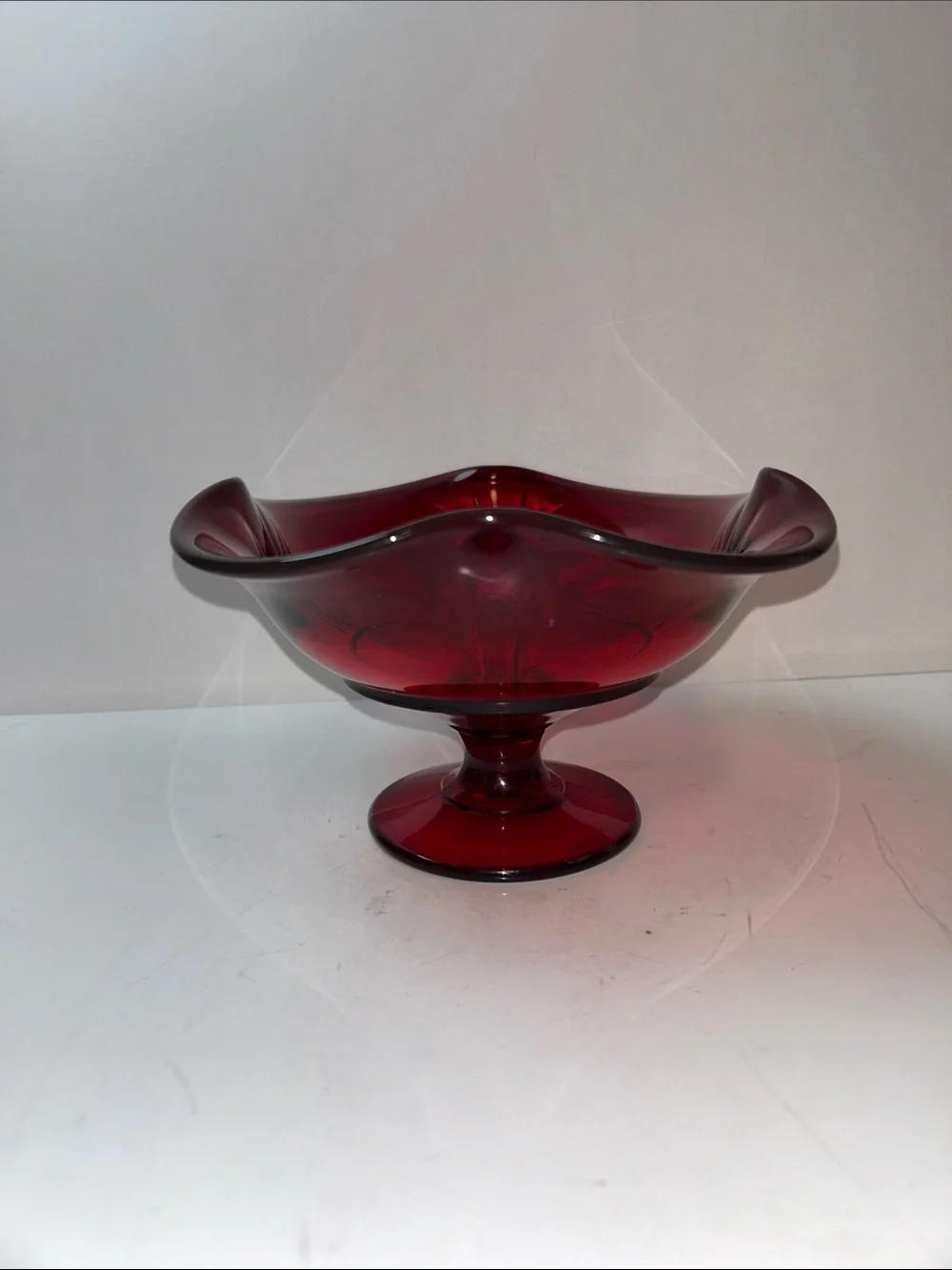 Viking Glass Ruby Red Ambrina Shine 4 Point Pedestal Ruffle Dish